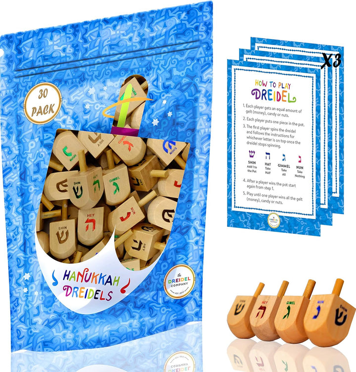 Natural Wood Dreidels Hanukkah Draydel with English Transliteration & Instruction Cards (10-Pack)
