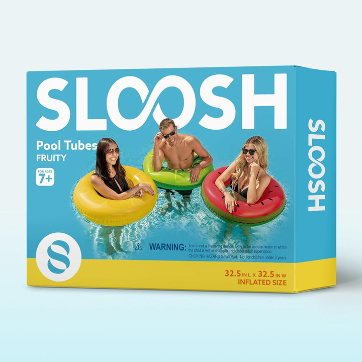 Inflatable Swim Tube Raft (3 Pack) with Summer Fruits Painting, Pool Toys for Swimming Pool Party Decorations