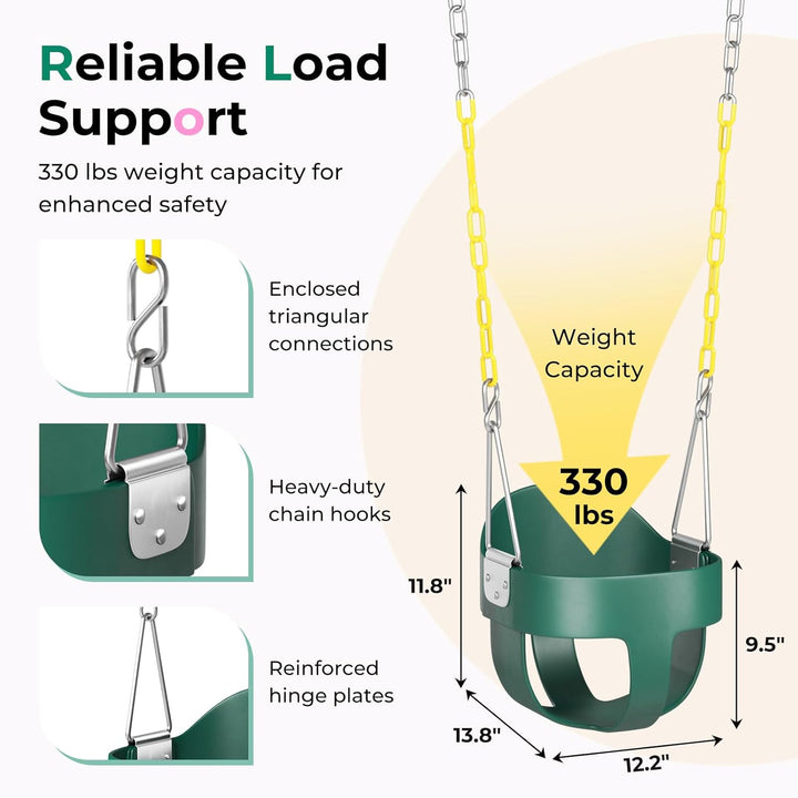 Toddler Swing, Baby Swing Outdoor –High Back Full Bucket Swing Set for Ages 1-3, 330Lb Capacity, Safety Design, Plastic-Coated Chains and Quick-Snap Carabiners for Backyard, Playground