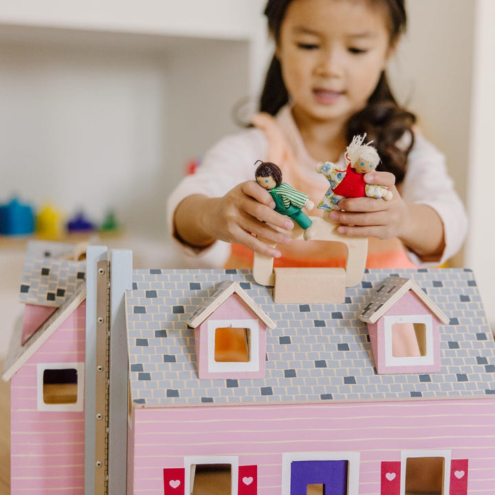 Fold and Go Wooden Dollhouse with 2 Dolls and Wooden Furniture,Multi,One Size