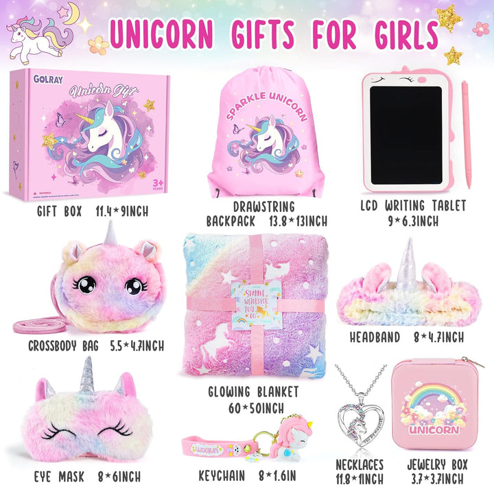 10 Pcs Unicorn Gifts for Girls Toys Christmas Birthday Gifts Kids Girls Age 3 4 5 6 7 8 9 12 with Glowing Blanket/Lcd Drawing Tablet, Unicorn Kids Girls Toys for Daughter, Niece, Granddaughter