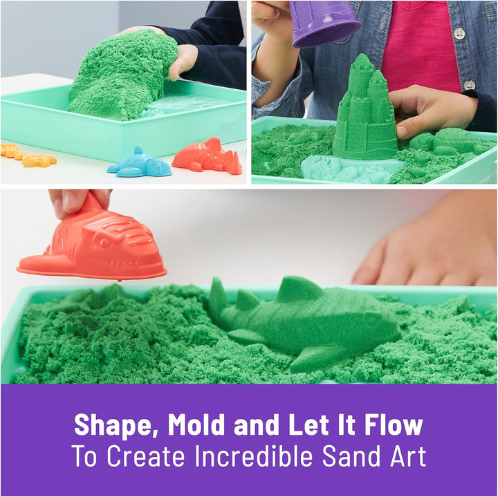 , Sandbox Set with 1Lb Green Play Sand, 4 Tools & Molds, Storage, Sensory Toys for Kids Ages 3 and Up