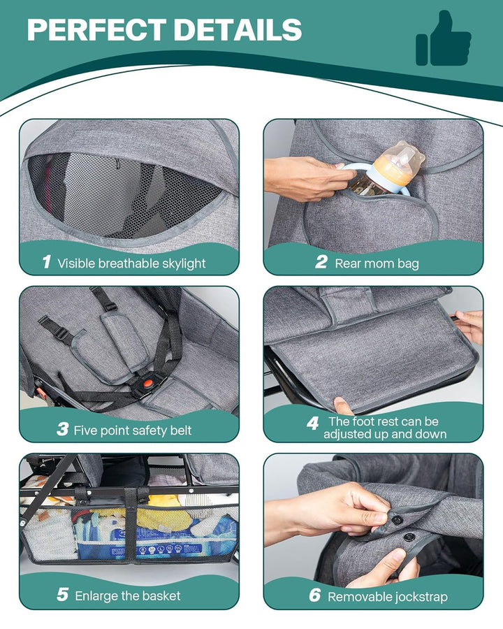 Double Stroller for Infant Toddler, Foldable Double Baby Stroller with Tandem Seating and Adjustable Backrest - Extra Gift Toys/Mosquito Net/Sleeping Mats/ 2 Hooks/ 2 Cotton Pads（Grey）