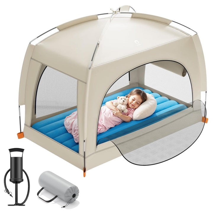 Inflatable Toddler Travel Bed with Tent – Lightweight Blow up Kids Air Mattress with Hand Pump – Indoor & Outdoor Portable Sleeping Solution for Camping, Travel, Home, Grandma’S – Ages 3+