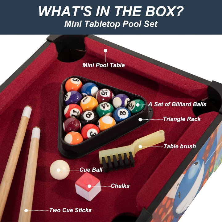 20" Mini Pool Table Set, Small Tabletop Pool Table, Portable Billiards Game Includes Small Billiards Balls, Pool Cues, Triangle Rack, Chalk, Brush for Family