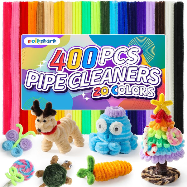 400 PCS 20 Colors Thick Pipe Cleaners Craft, Multi-Colored Chenille Stems for Craft Supplies & Materials, Fuzzy Pipe Cleaners Bulk for DIY Arts Projects, Rainbow Pipe Cleaners(12Inch*6Mm)