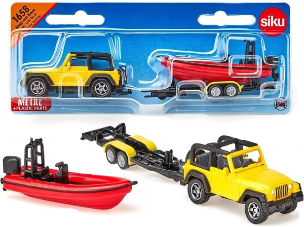 1658, Jeep with Boat, Metal/Plastic, Yellow/Red, Removable Trailer, Floatable Boat