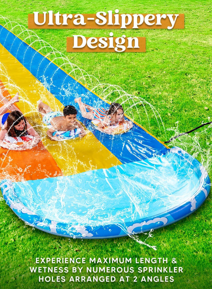 22.5Ft X 82In Waves Triple Lawn Water Slide,Heavy Duty Lawn Water S with 3 Body Boards and Slip Sprinkler for Kids Adults Backyard Summer Outdoor