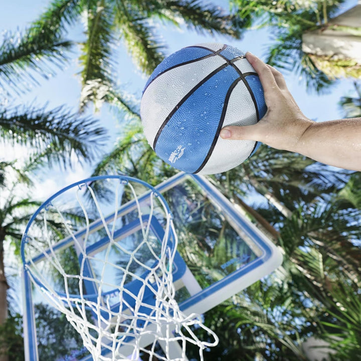 Dunn-Rite Splash & Shoot Clear Outdoor Adjustable Height Swimming Pool Basketball Hoop W/Ball, Base, & 18 Inch Stainless Steel Rim, Blue