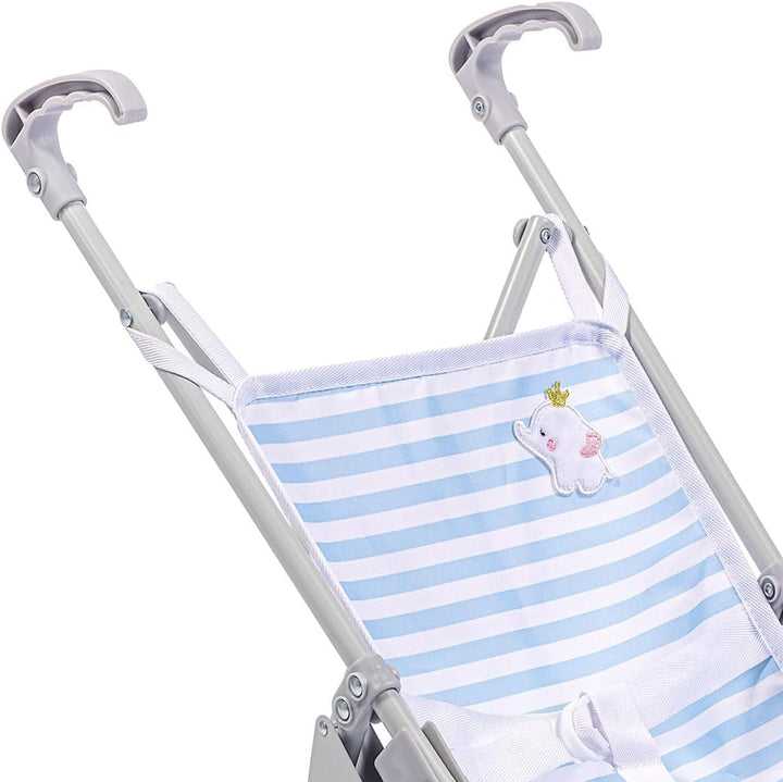 Boutique | Folding Umbrella Doll Stroller for Children 2 Years Plus, Blue Stripes and Soft Embroidery | Sturdy Metal Frame | Pretend Play with Dolls up to 18” Long | Seat Belt
