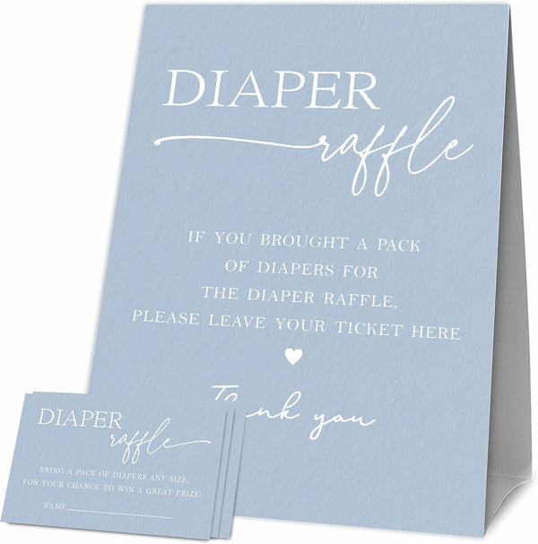 Baby Shower Games, 1 Diaper Raffle Standing Sign with 50 Diaper Raffle Tickets,Blue Theme Babyshower Party Decorations and Supplies for Boys or Girls(Lblk-C02)