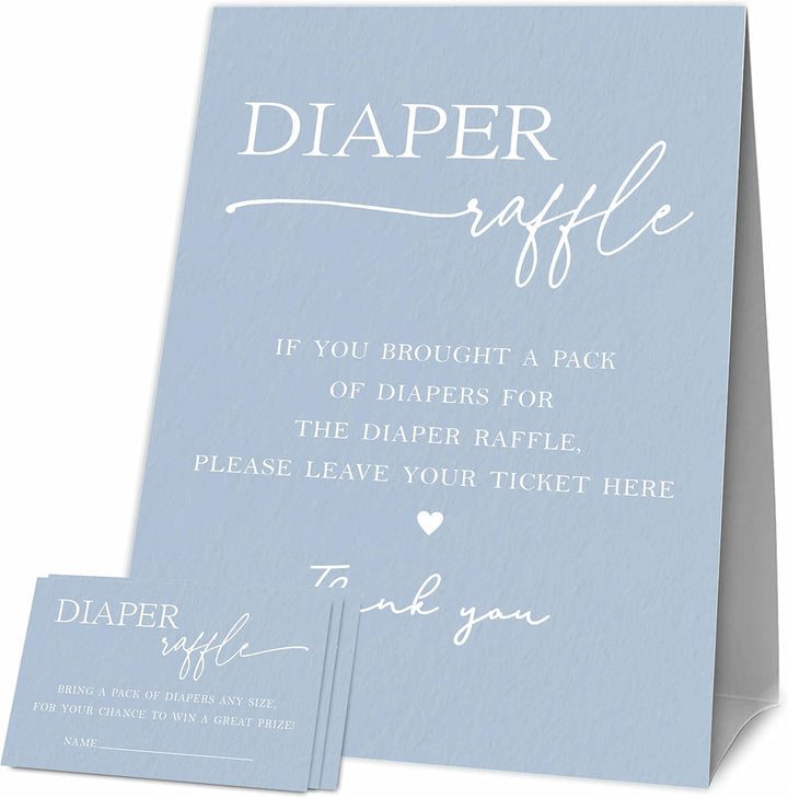 Baby Shower Games, 1 Diaper Raffle Standing Sign with 50 Diaper Raffle Tickets,Blue Theme Babyshower Party Decorations and Supplies for Boys or Girls(Lblk-C02)