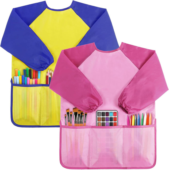 2 Pack Kids Art Smock,Kids Painting Apron,Children Artist Aprons with Long Sleeve 3 Pockets for Toddlers 3-6 Years