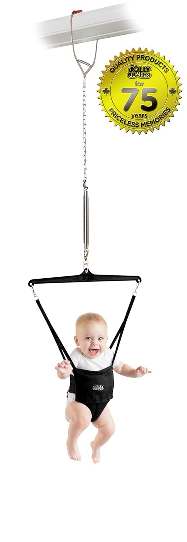 Iconic (Black), Doorway Baby Jumper, Indoor Exercise Saddle Seat, Adjustable Height, for Infants up to 28Lbs, No Stand Required
