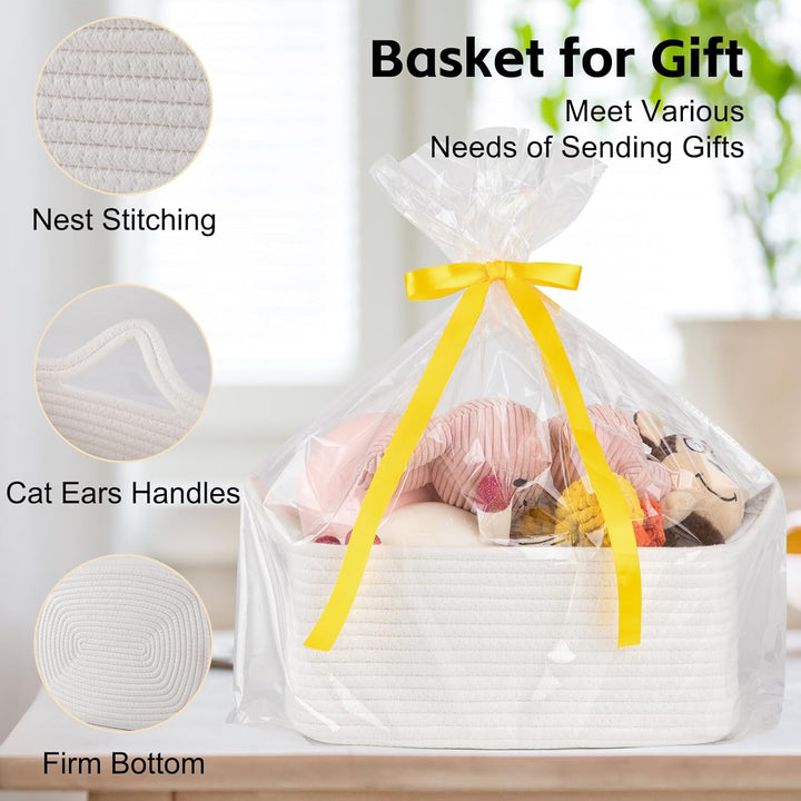 Woven Basket, Gift Basket Empty with Gift Bags and Ribbons, Rope Baskets for Baby Showers, Storage Baskets with Handles for Nursery, Pet Toy Organizer - White