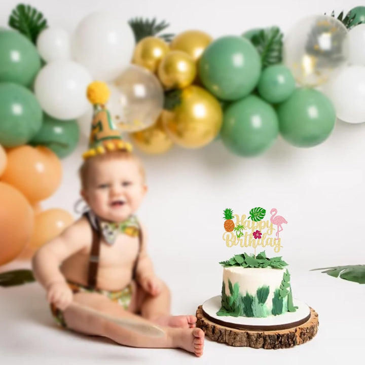1Pc Tropical Luau Happy Birthday Cake Topper Glitter Palm Tree Flamingo Pineapple Aloha Cake Pick Decorations for Hawaiian Luau Theme Birthday Party Supplies