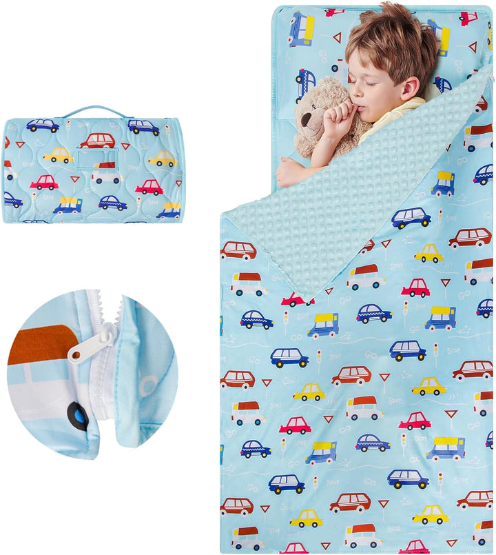 Toddler Nap Mat Extra Large 55‘’*29‘’ for 2-7 Years, Cotton Daycare Nap Mats with Removable Minky Blanket and Pillow, Boys Sleeping Mat Nap Mat for Preschool Kindergarten, Sleeping Bag Blue Dinosaur