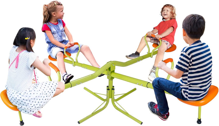 Teeter Totter Kids Seesaw, Outdoor Playground Equipment 360 Degrees Rotate All Steel Extendable Tubes for Toddlers Children Backyard, Green and Orange, 4 Seat