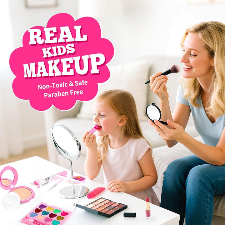 Kids Real Makeup Kit for Girls with Fluffy Purse - Real, Non Toxic, Washable Make up Toy - Umicorn Toys Gift for 3 4 5 6 7 8 Years Old Girls Birthday (Pink Umicorn)