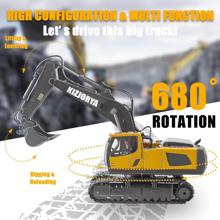 Remote Control Excavator, Toys for Boys Age 6-12, Rechargeable 11 CH RC Construction Vehicles Truck with Sound Light Metal Shovel, Birthday for Kids 7 8 9 10+ Year Old(2.4 Ghz)