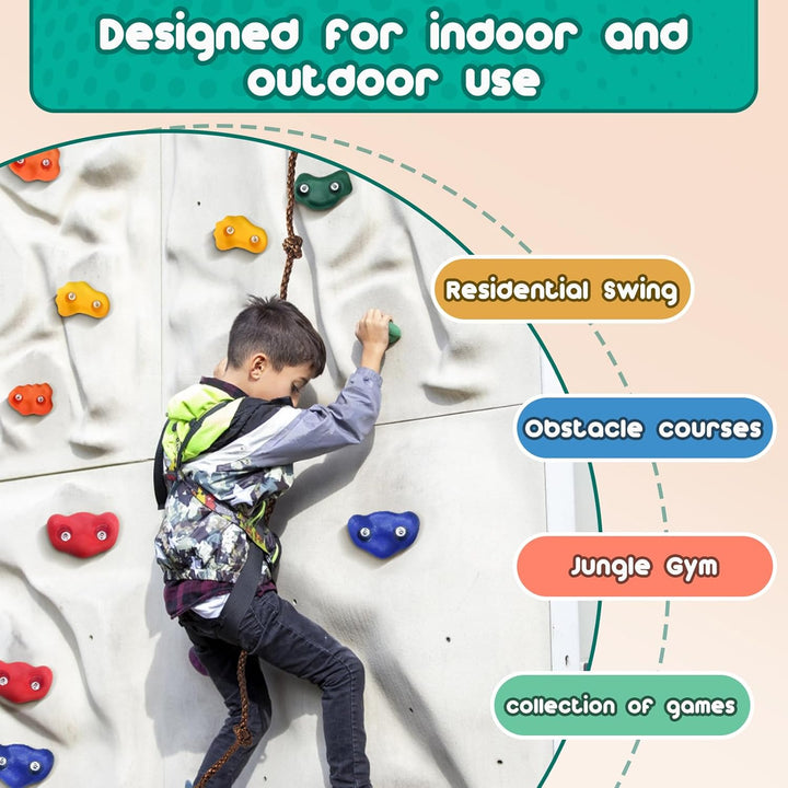 Rock Climbing Holds, Rock Climbing Wall for Kids Rock Wall Climbing Kit for Indoor Outdoor Playground Play Set with Mounting Screws, Knotted Rope and 25 Handles