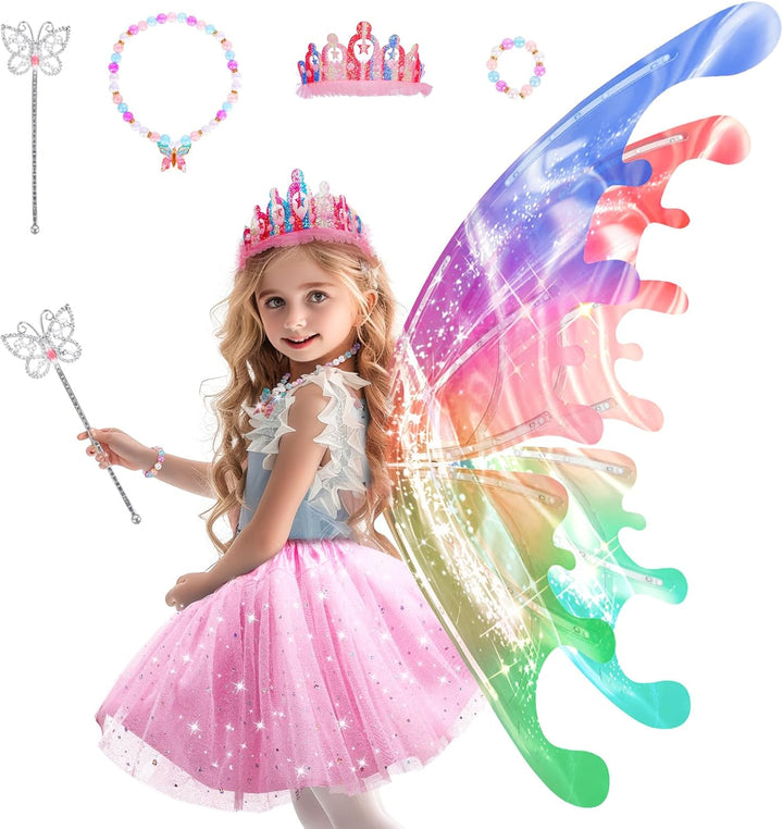 Electric Fairy Wings for Girls, Light up Moving Butterfly Wings with LED Lights and Music, Toy for Kids as Halloween Valentine Birthday Christmas Party Costume Princess Cosplay Dress up Gift