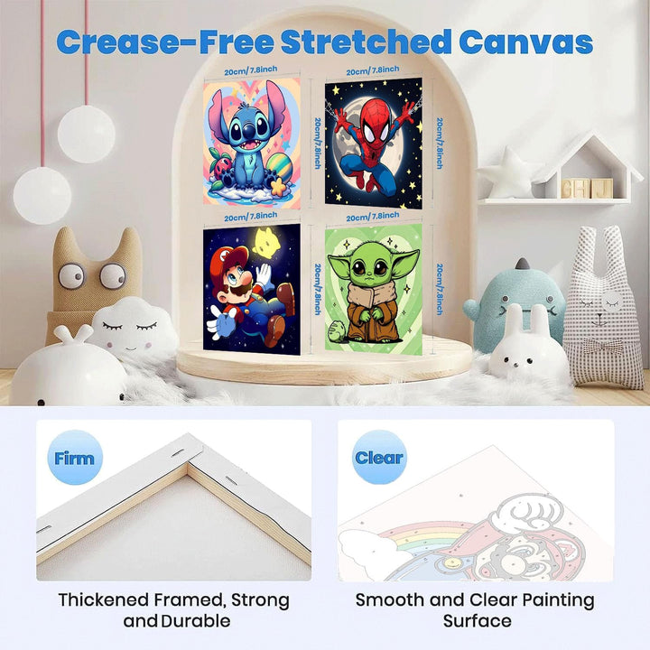 4 Pack Cartoon Paint by Numbers Kit for Kids with Frame - Wooden Easel, Cute Kids Paint by Numbers Ages 4 8 12, DIY Acrylic Oil Painting for Home Wall Decor (8X8 Inch)