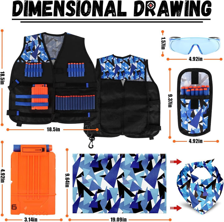 2PACK Kids Tactical Vest Kit for Nerf Guns N-Strike Elite Series for Boys Girls, with 60 Refill Darts, Dart Pouch, Tactical Mask, Reload Clips, Protective Glasses (Blue+Green)