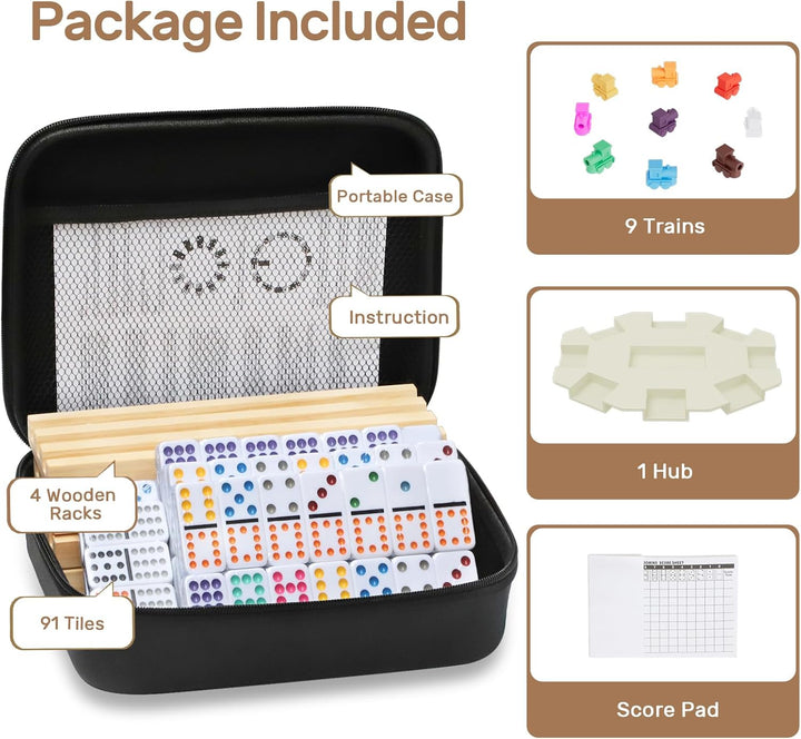 Mexican Train Dominoes Set with 4 Wooden Trays/Racks, Double 12 Dominos Travel Set with 4 Domino Tiles Holders, 91 Tiles Double 12 Colored Dominoes Game Set with Portable Case for Families Kids