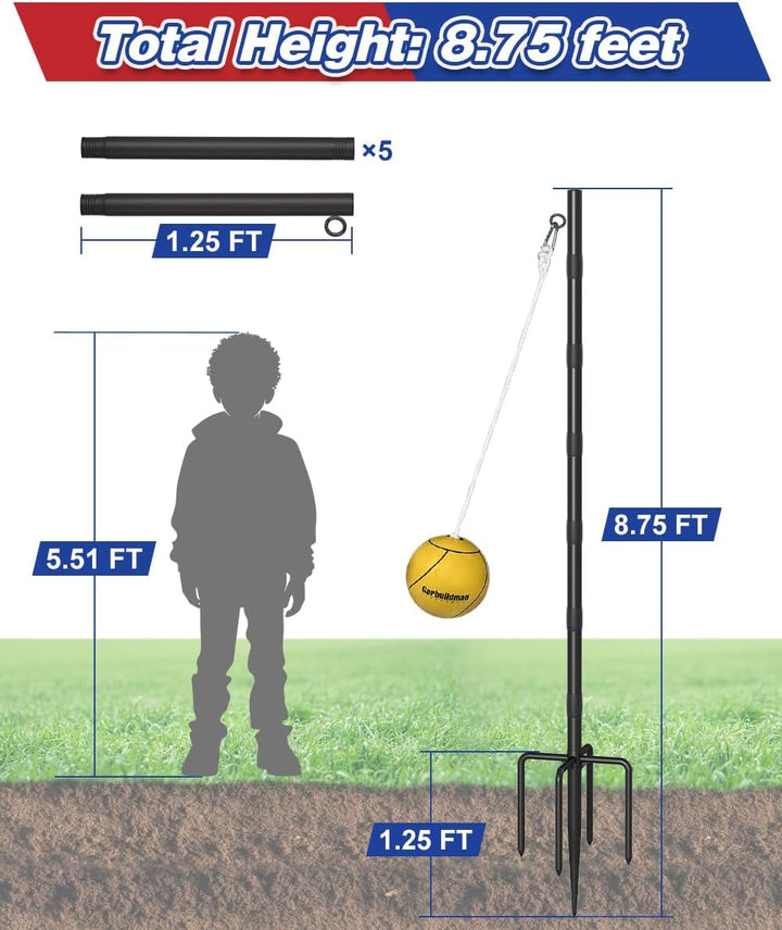 Tetherball Set with Ball & Rope for Outdoor Backyard, Adjustable Tether Ball Pole with 5-Prong Base & Rubber Sleeve for Playground, outside Ball Games Sports for Kids, Adults