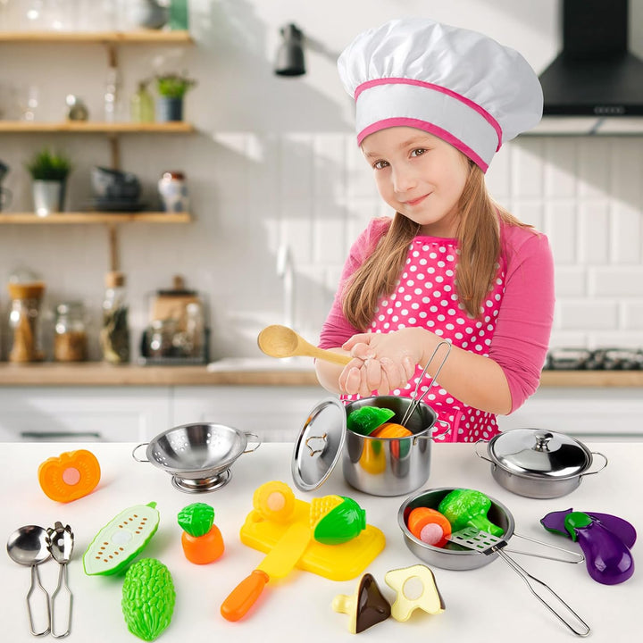 Kitchen Pretend Play Toys with Stainless Steel Cookware Pots and Pans Set, Cooking Utensils, Apron & Chef Hat, Cutting Vegetables for Kids, Girls, Boys, Toddlers