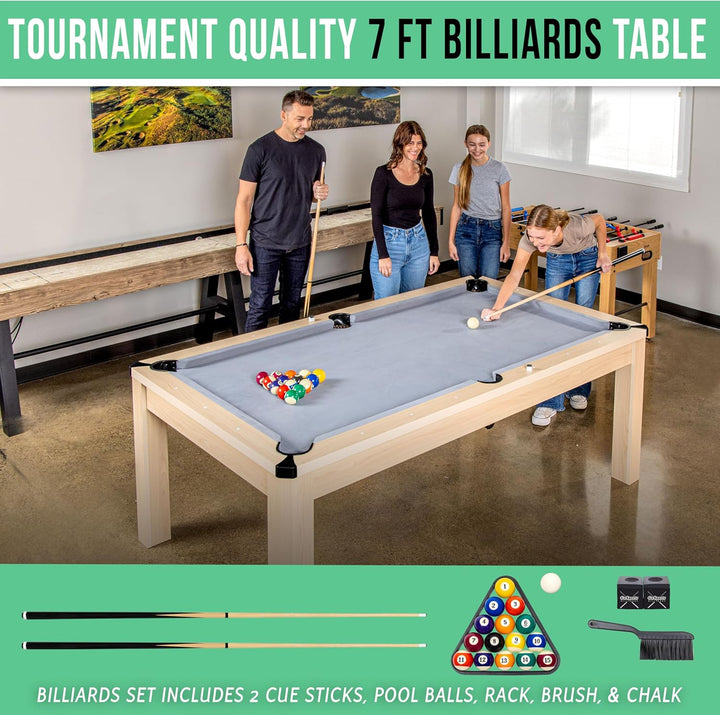 7 Ft 3 in 1 Pool, Dining, & Table Tennis Combo Table and Storage Benches - Convertible Top Game Table with Billiards and Table Tennis Accessories