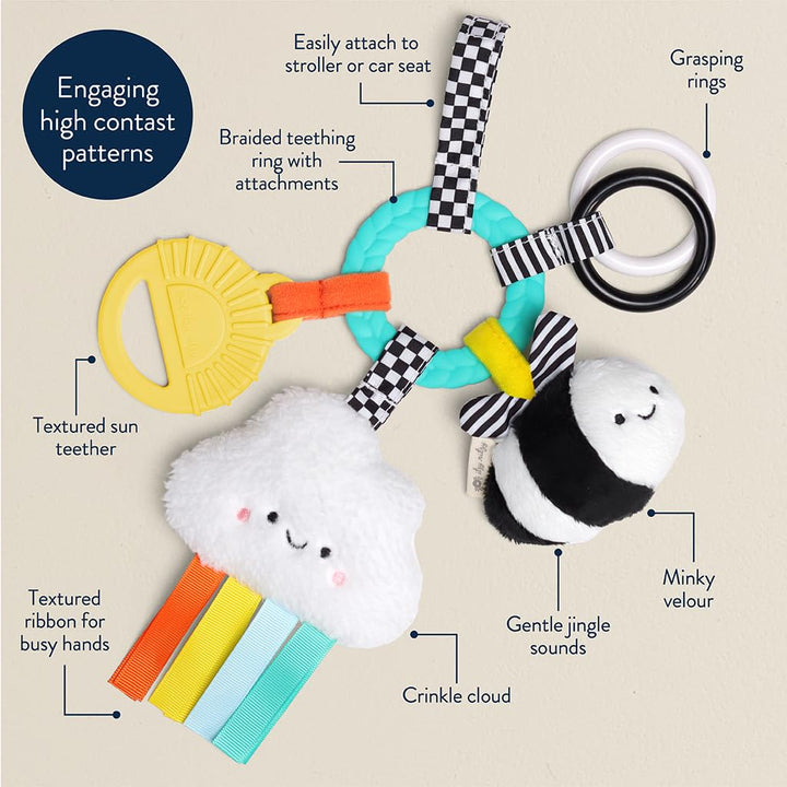 Teething Activity Toy - Bitzy Busy Ring Infant Teething Toy Features Braided Ring & Dangling Toys, Includes Teether, Ribbons, Crinkle Sound & Jingle Bell - 0 Months & up (High Contrast)