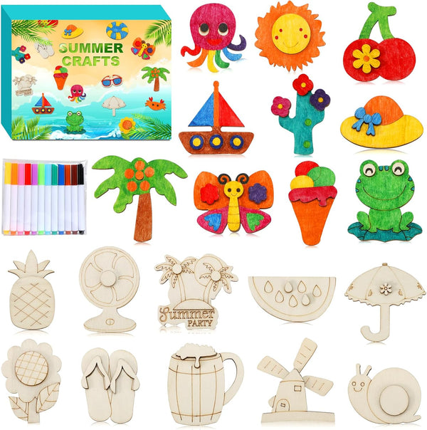 Summer Crafts for Kids, 36 Pcs DIY Wooden Magnets Art Craft Supplies Painting Kit for Boys Girls Ages 4-8 8-12 Birthday Party Gifts Summer Activities School Classroom Prizes