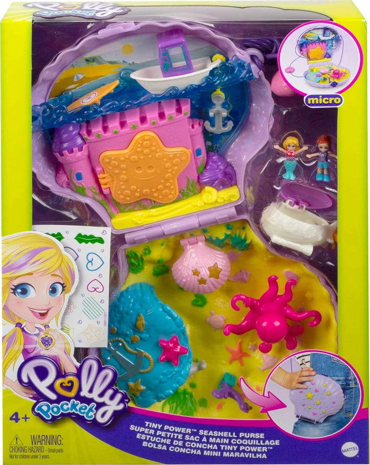 Tiny Power Seashell Purse Compact with Wearable Strap, Fun Under-The-Sea Features, Micro Polly and Lila Mermaid Dolls, 2 Accessories & Sticker Sheet; for Ages 4 Years Old & Up