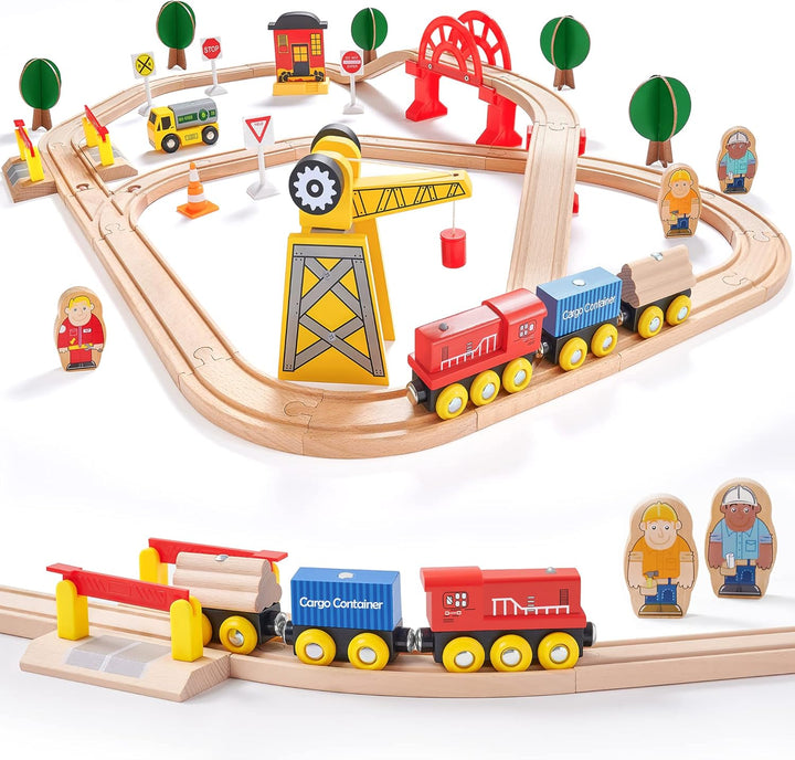 110PCS Wooden Train Set – Toy Train with Tracks for Kids Ages 3-7, Compatible with Major Brands, Ideal Railway Playset for Boys and Girls, Great Birthday
