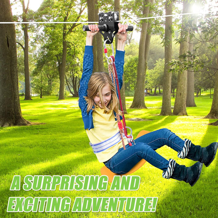Zipline for Backyard Kids and Adults,Zipline Kits for Backyard with 100Ft Cable,6Ft Zipline Spring Brake and Belt,Zip Line Trolley with Handle,Seat and Bag