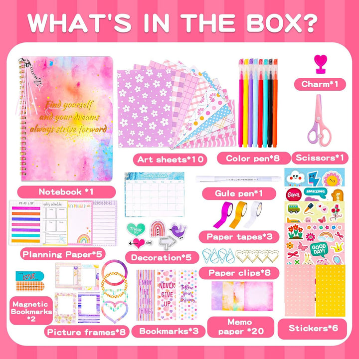 Birthday Gift for Girls Ages 7-13, DIY Journal Kit with Cute Stickers, Scrapbook Supplies, Stationery Set, Cool Arts and Crafts Gifts for 7 8 9 10 11 12 Years Old