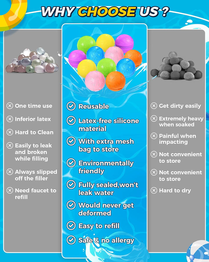 Reusable Water Bomb Balloons, Summer Toy Water Toy for Boys and Girls, Pool Beach Toys for Kids Ages 3-12, Outdoor Activities Water Games Toys Self Sealing Water Splash Ball for Fun(12Pack)