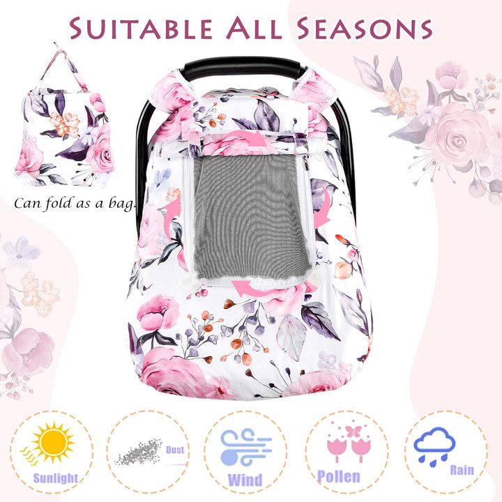 Floral Baby Carseat Cover Girls,  Infant Car Seat Covers Canopy for Newborn with 2 Layers Windows of Breathable Mesh/Fabric, Lightweight Polyester/Minky Dot Backing, Snug Fit Most Baby Car Seat
