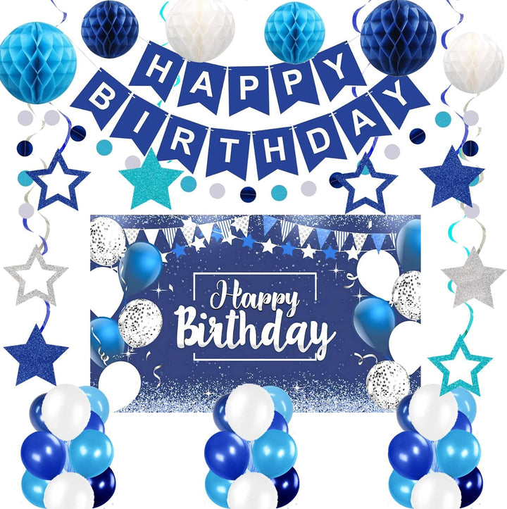 Pre-Strung Happy Birthday Decorations for Boys Men Women, Orange Blue Birthday Banner with Honeycomb Balls, Stars Hanging Swirl Streamers, Circle Dots Garland