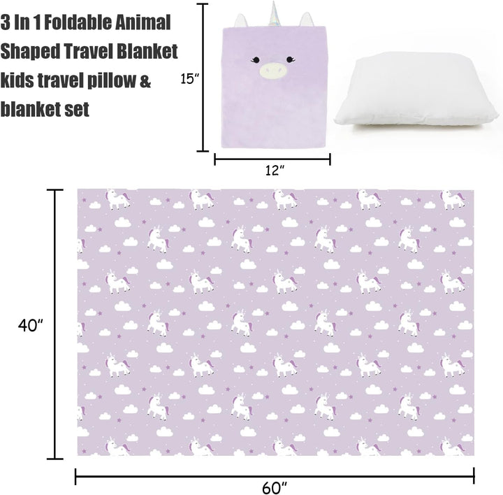 3-In-1 Kids Travel Blanket and Pillow Set, Snuggle Pillow with Hand Warmer, 40X60 Inches Unicorn Blanket for Girls Compact, Perfect for Travel, Camping, Home and Office