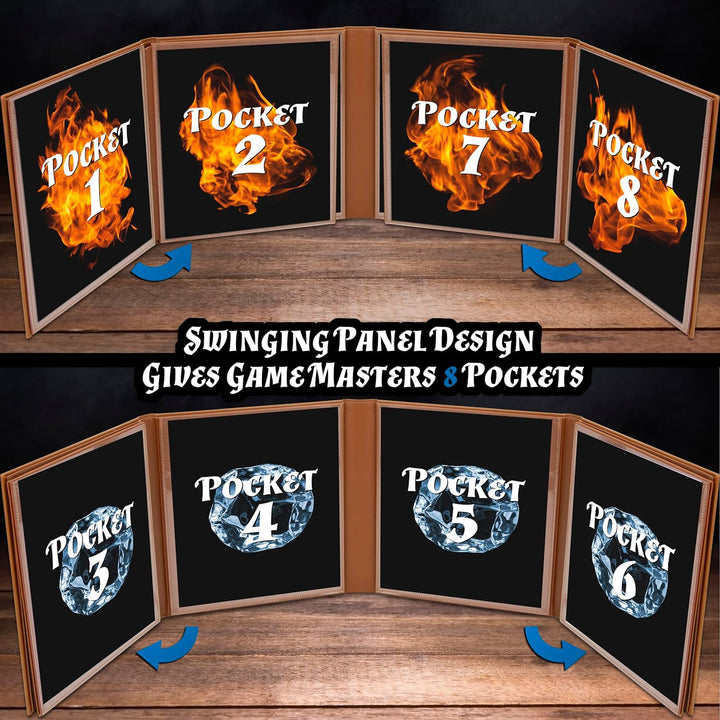 DM Screen Faux Leather 8-Panel Deluxe GM Screen - Eight Panel Folding Dungeon Master Screen with 2 Swinging Panels and Wet Erase Pockets for Ttrpgs, Inserts Not Included