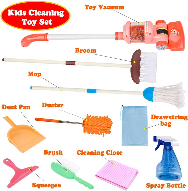 Kids Cleaning Set - 8Pcs Toddler Broom and Toy Vacuum Cleaner, Pretend Play Children House Cleaning Toys, Christmas Birthday Gift for Girls and Boys