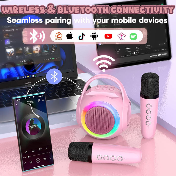 Mini Karaoke Machine for Kids with 2 Microphones, Bluetooth Toddler Karaoke Toy with LED Lights, Rechargeable Portable Speaker for Girls & Boys Ages 3-10, Children’S Day & Birthday Gift Ideas