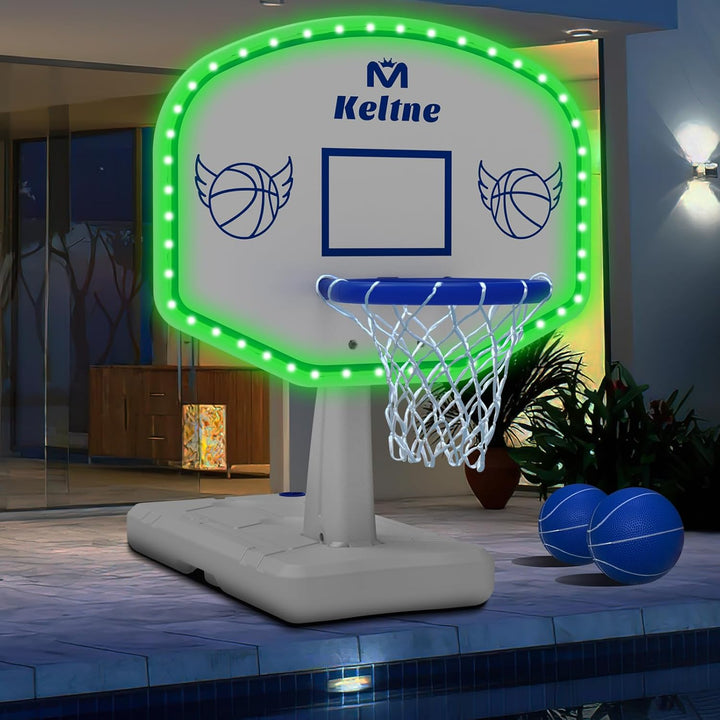 LED Pool Basketball Hoop Poolside, Oversized Water Basketball Hoop with Solar Colorful Lights, 34"X34"X42.2" Light up Swimming Pool Basketball Hoops for Kids Adults, with 2 Balls and Pump.