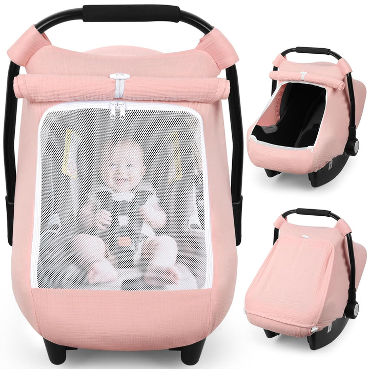 Car Seat Cover Baby, Carseat Covers Girl Boy, Breathable Muslin Cotton, Large Mesh Window, Infant Car Seat Canopy Baby Carrier Cover Stroller Sun Shade for Summer & Hot Day, Grey