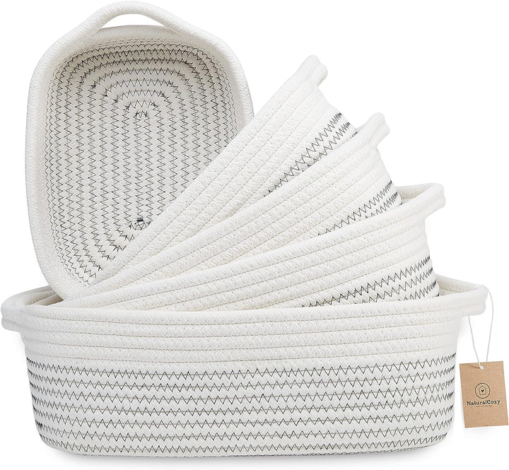 5-Piece Rectangle Storage Basket Set- Natural Cotton Rope Woven for Organizing! Small Basket for Montessori, Baby Nursery, Dog Toy Baskets, Cat Toy Box, Bathroom Organization Bin