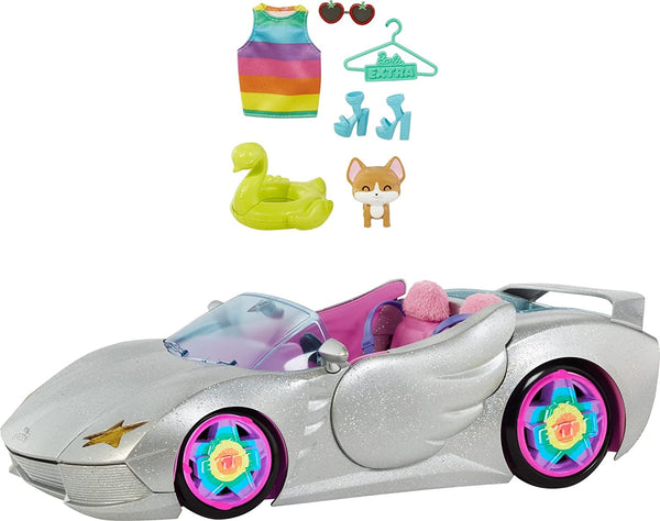 Extra Toy Car with Fashion Accessories & Puppy, Sparkly Silver 2-Seater Convertible with Hood Storage & Pet Pool, Sized for Fashion Dolls