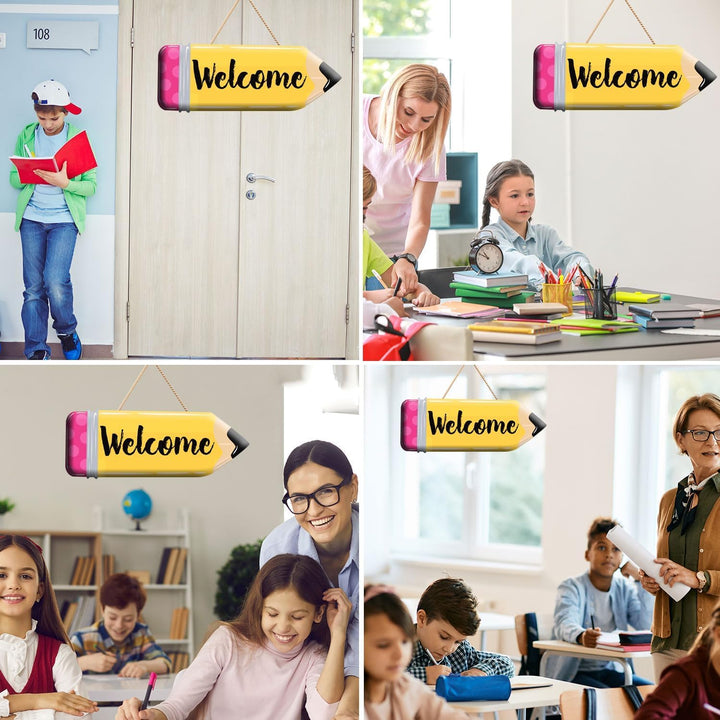 Back to School Welcome Sign Cute School Pencil Wooden Hanging Decoration Welcome Back to School Door Hanger for Teacher Student Classroom Front Porch